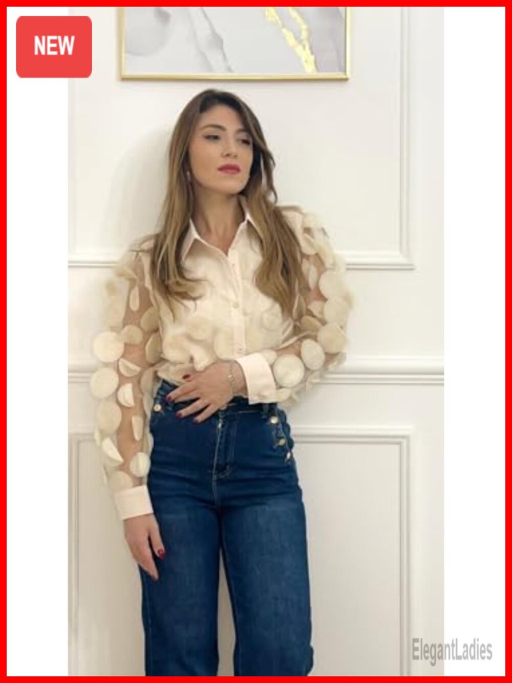 Women's Long Sleeve Button Down Blouse Sheer Polka Dot Dressy Casual Work Top - Picture 6 of 6